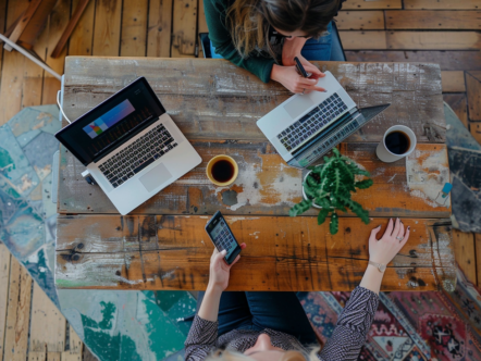 two people, phone and laptop, table, artsy office, working together