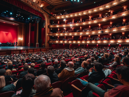 a full house of people in the audience at an opera hall, wide angle, taken with Canon EOS R5 --no blur --ar 4:3