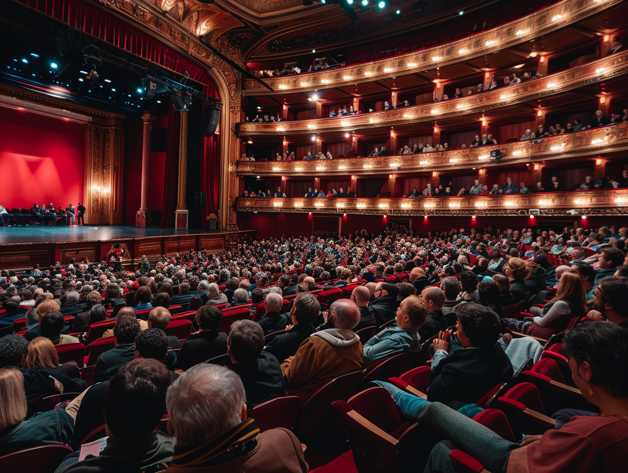 a full house of people in the audience at an opera hall, wide angle, taken with Canon EOS R5 --no blur --ar 4:3