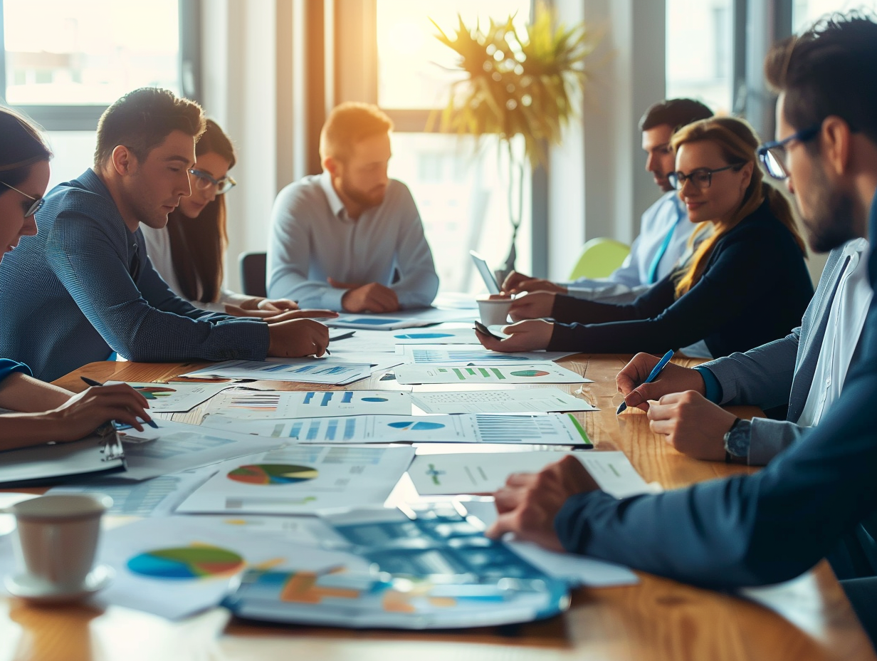 group of people around a meeting table, analysing data on paper, side view --no blur --ar 4:3