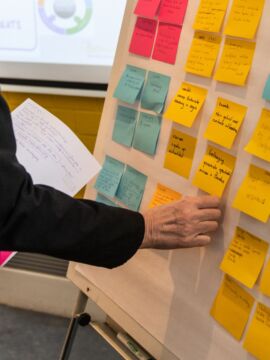 Gekleurde plaknotities op een bord. Training PR voor culturele organisaties