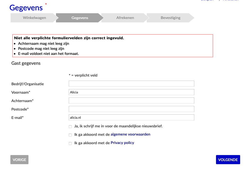 Voorbeeld-afbeelding: formulier op een website toont een foutmelding bij een foutief ingevuld e-mailadres, namelijk "alicia.nl"