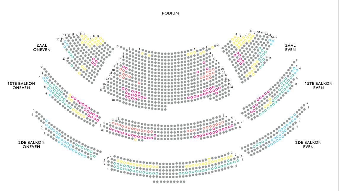 Voorbeeld-afbeelding: plattegrond van een theaterzaal met plaatskeuze in verschillende kleuren.