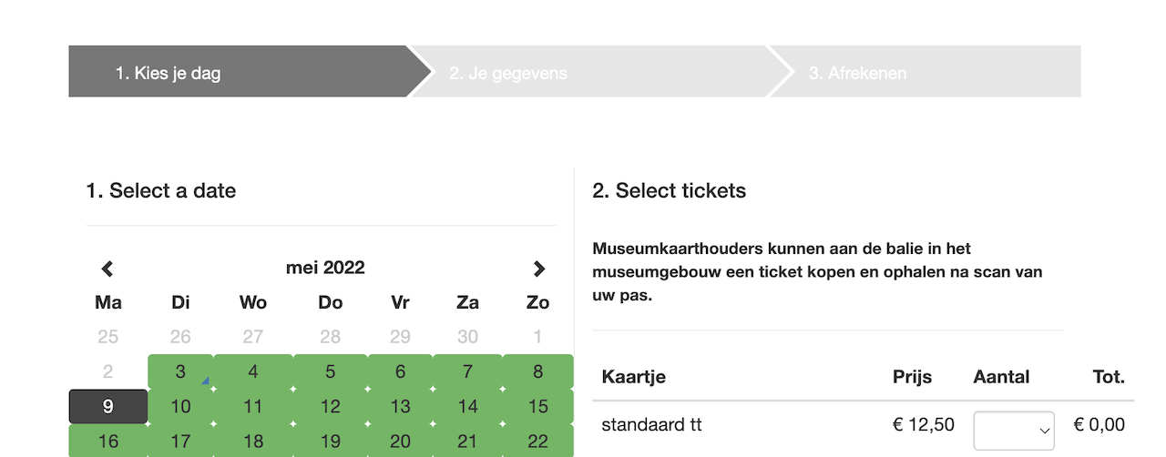 Voorbeeld-afbeelding: het aankoopproces van een ticket toont breadcrumbs bovenaan de pagina.